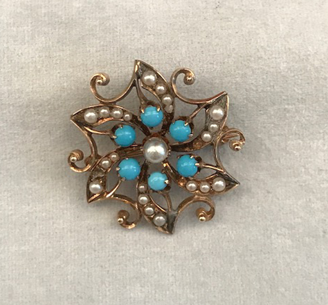 VICTORIAN 10k and turquoise and pearl spider web motif pin
