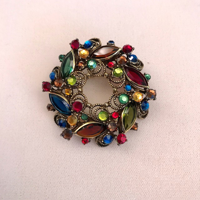 WEISS wreath brooch with red, blue, green and caramel