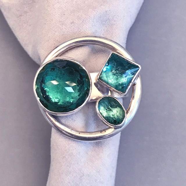 LILLY BARRACK ring of sterling, blue topaz & aquamarine colored crystals