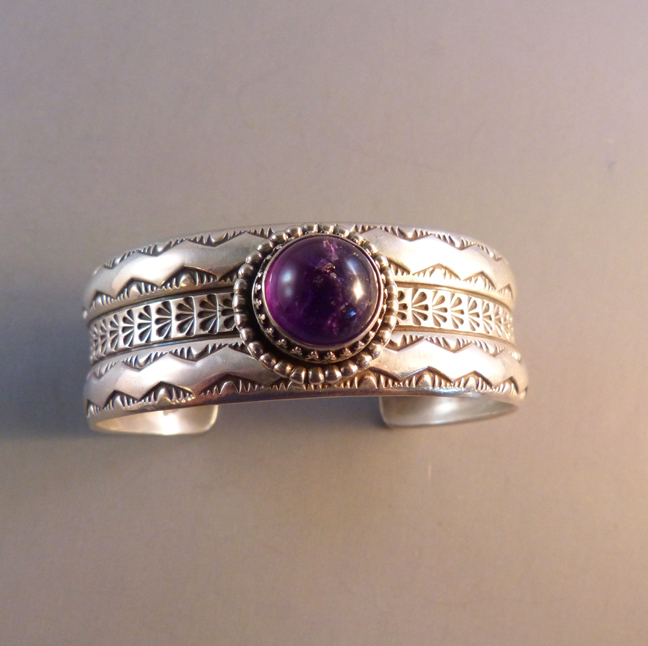 STERLING bracelet, high domed purple crystal cabochon