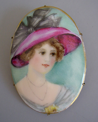 HAND PAINTED porcelain portrait brooch of a lady, pink hat