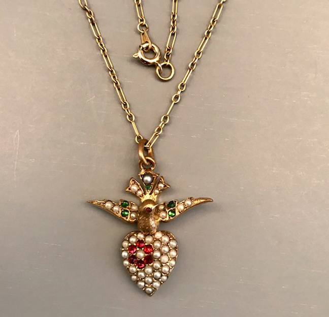 VICTORIAN bird on the wing pendant with heart pendant