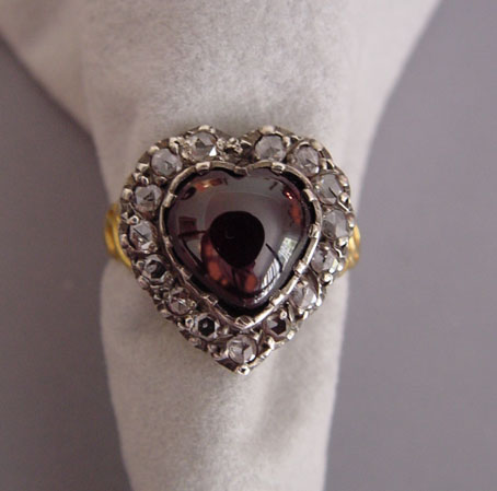 GARNET & diamond ring heart garnet cabochon rose cut diamonds