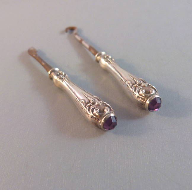 VICTORIAN F&B sterling glove hook & nail tool, purple rhinestones