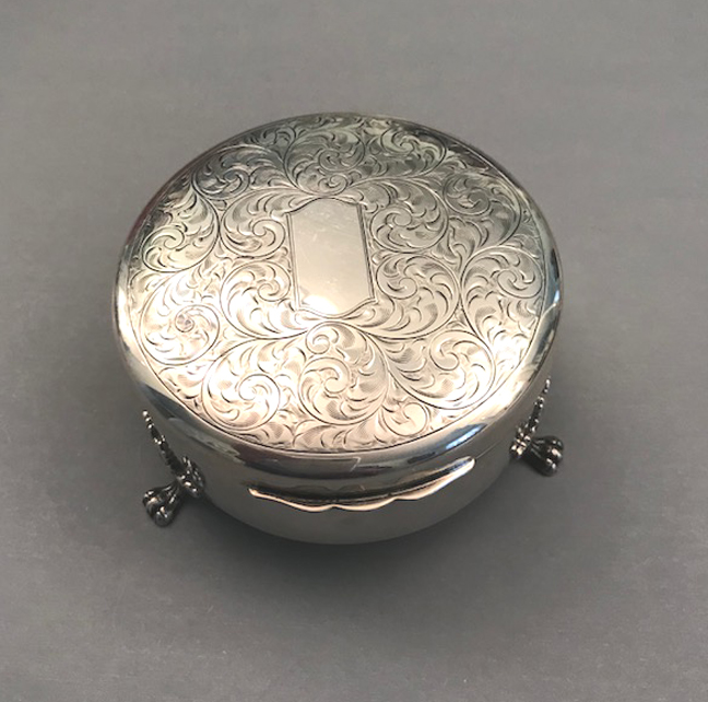 BIRKS sterling footed ring and jewelry box with an open cartouche