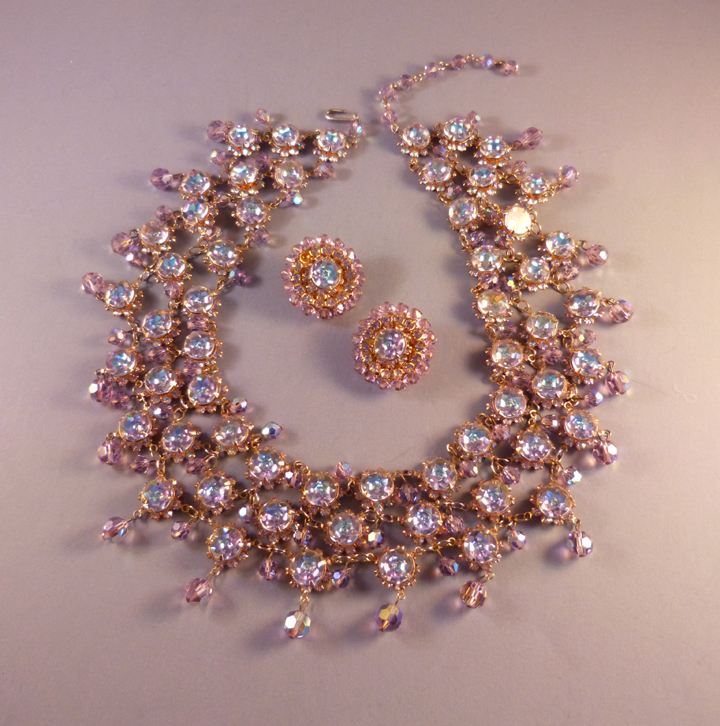 ALICE CAVINESS necklace and earrings with lavender rhinestones