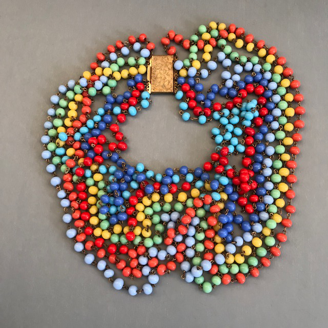 COLORFUL glass beads long multi-strand necklace, c 1940