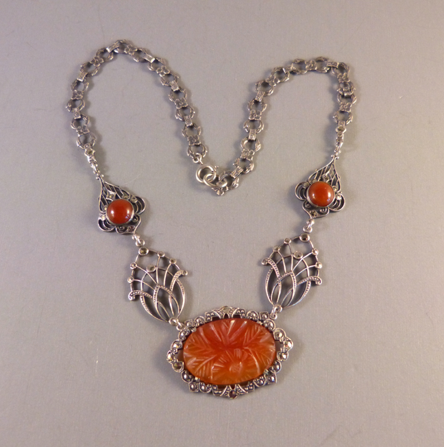 MARCASITE and carved carnelian necklace with flowers on each link