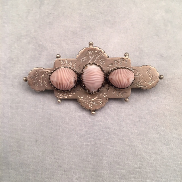 VICTORIAN unusual antique sterling silver pin, sea shells, 1880s