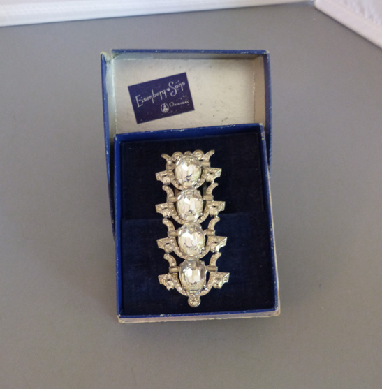 EISENBERG ORIGINAL dress clip with clear rhinestones, original fitted box
