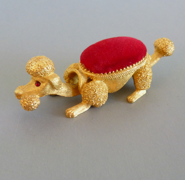 FLORENZA charming nodding poodle pin cushion with red velvet cushion