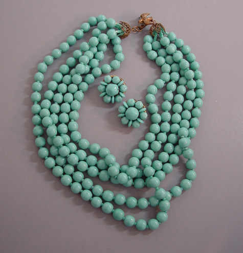 HASKELL Miriam Haskell aqua glass bead necklace & earrings