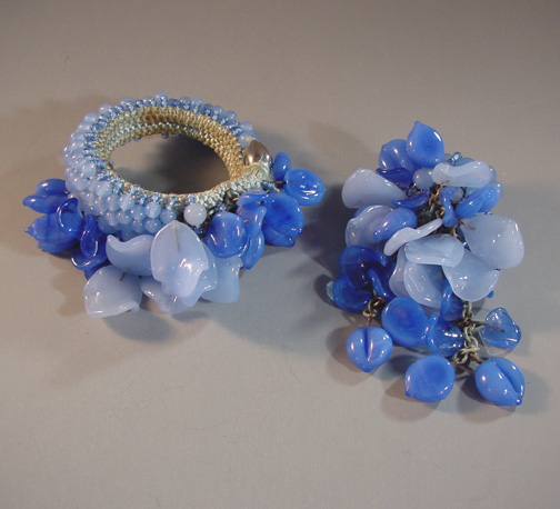 HASKELL Hess lush blue glass petals and beads coil bracelet and fur clip
