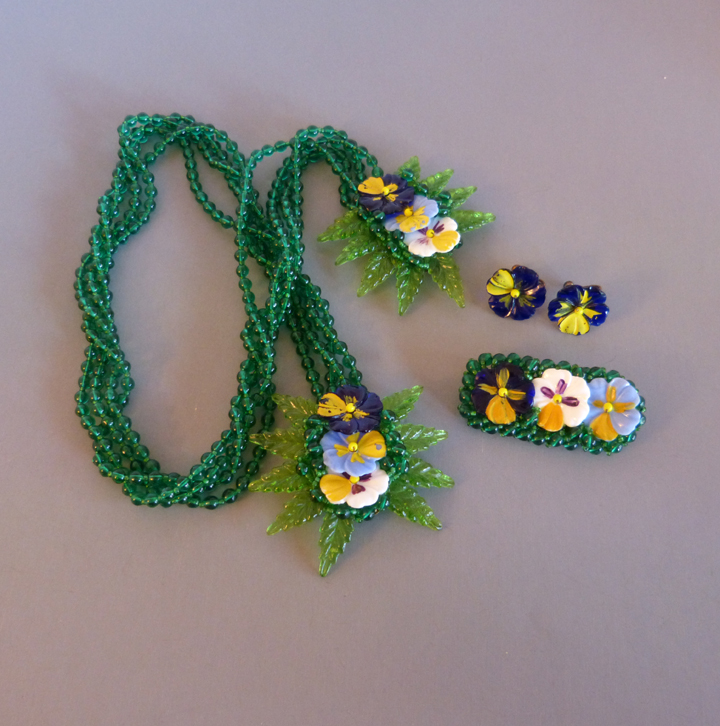 HASKELL Hess painted milk glass violets and green glass leaves parure
