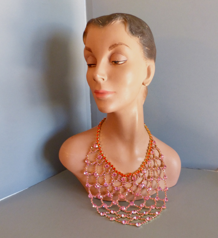 DOMINIQUE bib necklace with pink and orange rhinestones