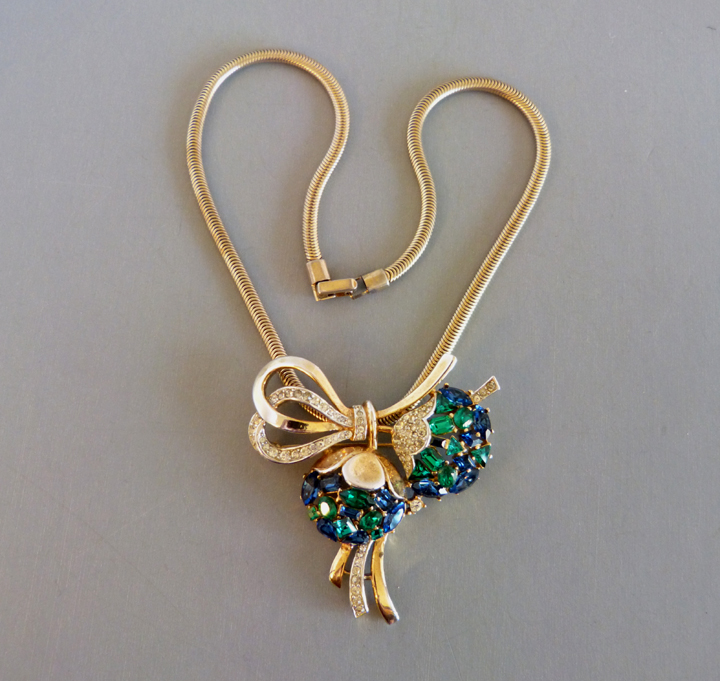 TRIFARI necklace/brooch combination, blue & green rhinestone blossoms