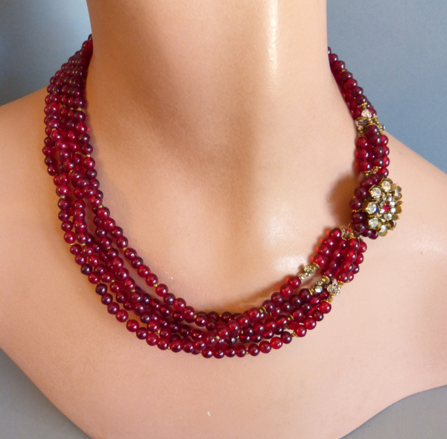MIRIAM HASKELL red glass beads, clear rhinestones & rose montee necklace