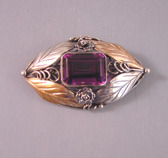 HOBE sterling silver brooch, rectangular faceted unfoiled purple center rhinestone