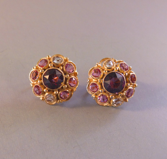 HOBE earrings in purple, pink and clear unfoiled rhinestones