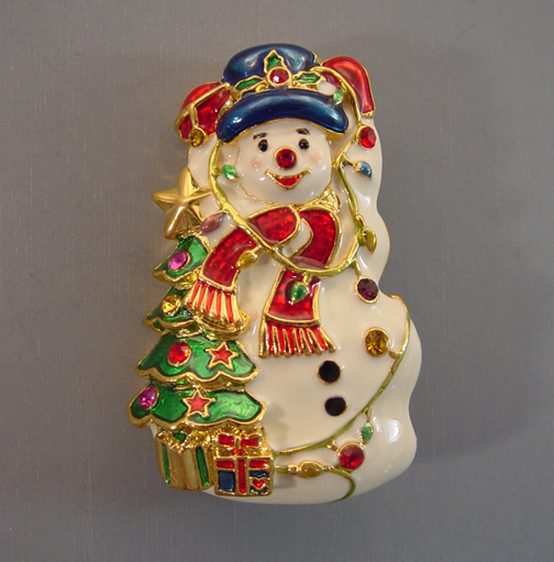 RADKO Christmas enameled snowman brooch in white, red and green
