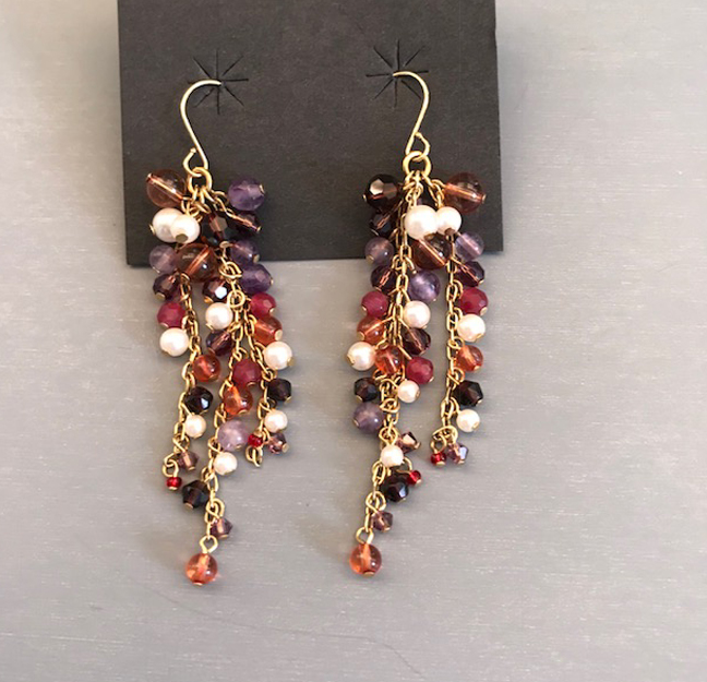 GEM stone earrings with glass pearls, quartz, dyed quartz, glass