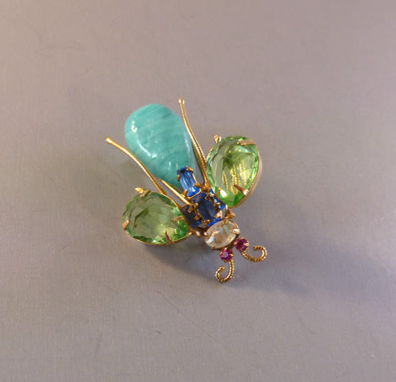 SCHREINER unsigned insect brooch with an swirled aqua glass body