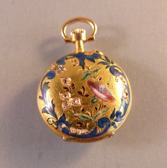 VICTORIAN 18k gold, diamonds & enameled c1875 Swiss watch, as is