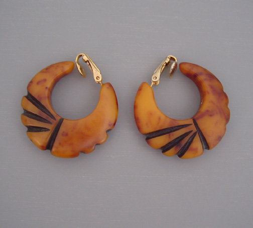 BAKELITE butterscotch with root beer swirls clip back earrings