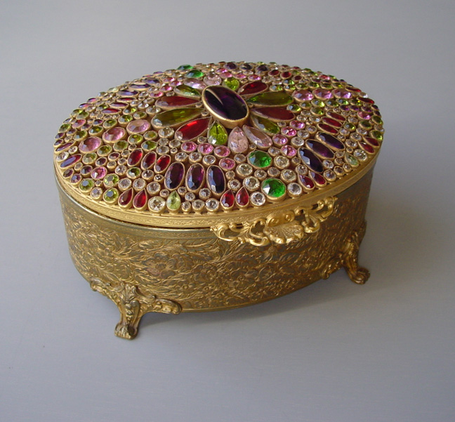 HOBE rhinestone covered box c1950, rare oval footed jewelry box