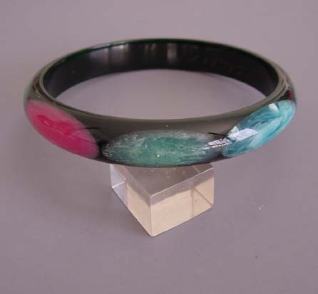 SHULTZ bakelite black spacer bangle with blue, aqua, pink, yellow dots