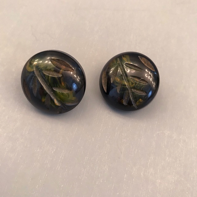 BAKELITE black and marbled dark green carved earrings, cut-back to green
