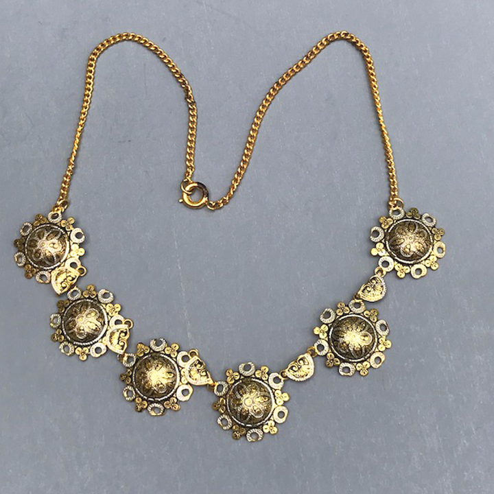 GOLD tone necklace with white and black enameling Damascene