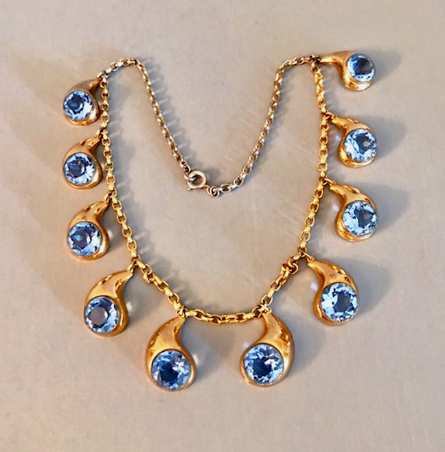 BLUE brilliant teardrop unfoiled rhinestone necklace