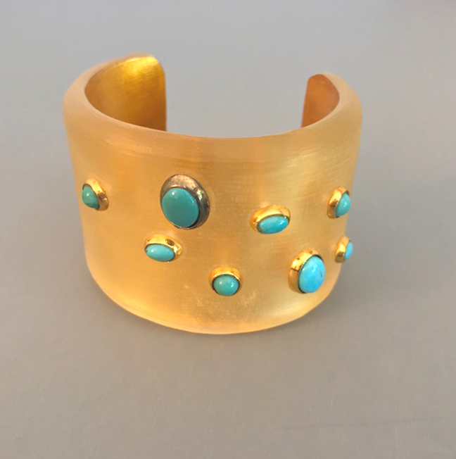 ALEXIS BITTAR luminous gold tone Lucite c-cuff with aqua accents