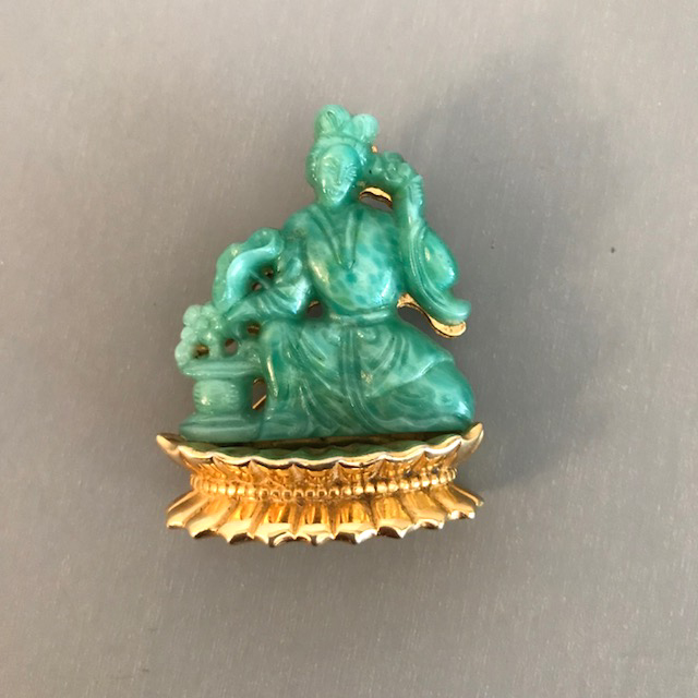 BOUCHER Asian figural brooch with green glass figure