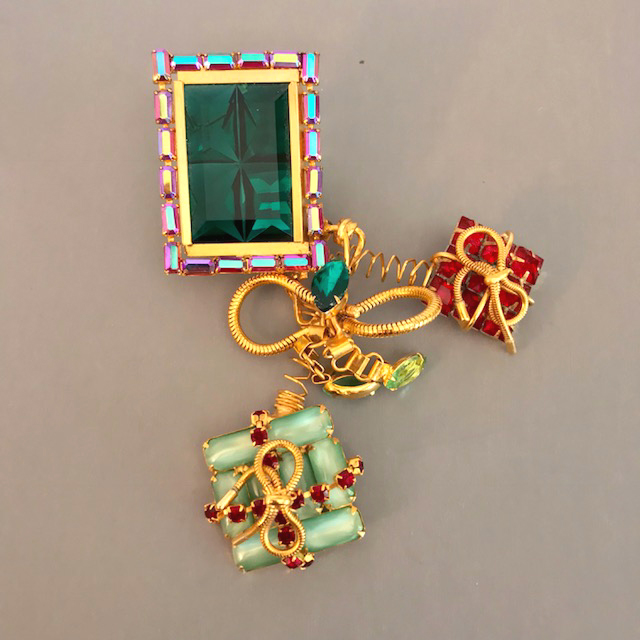 DAVID MANDEL’S The Show Must Go On large, unusual and colorful rhinestone brooch