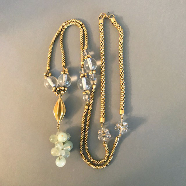 NECKLACE long gold tone textured chain necklace pale green glass balls