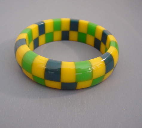 SHULTZ bakelite two row check bangle yellow, blue and green checks