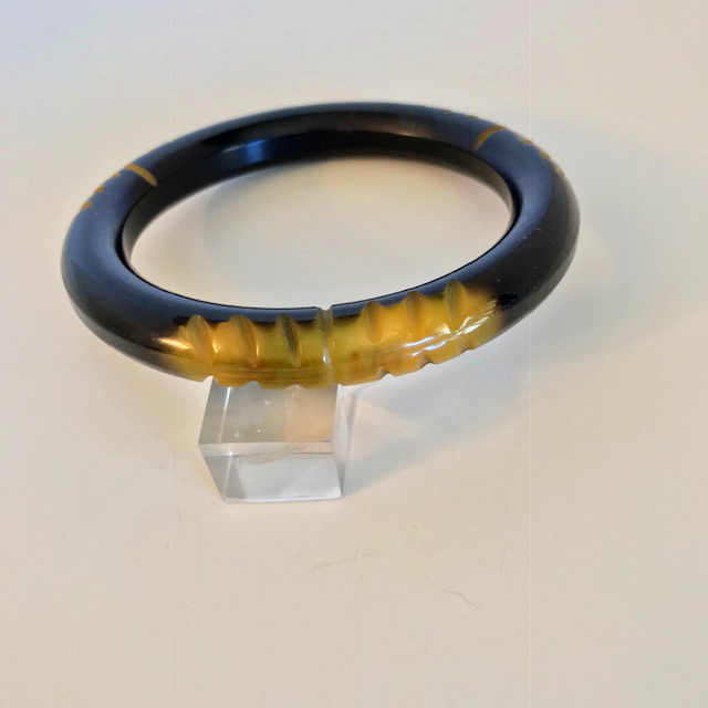 BAKELITE black over dyed bangle with three windows