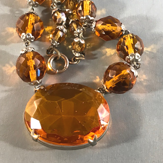 GLASS topaz colored glass rhinestone and beads necklace