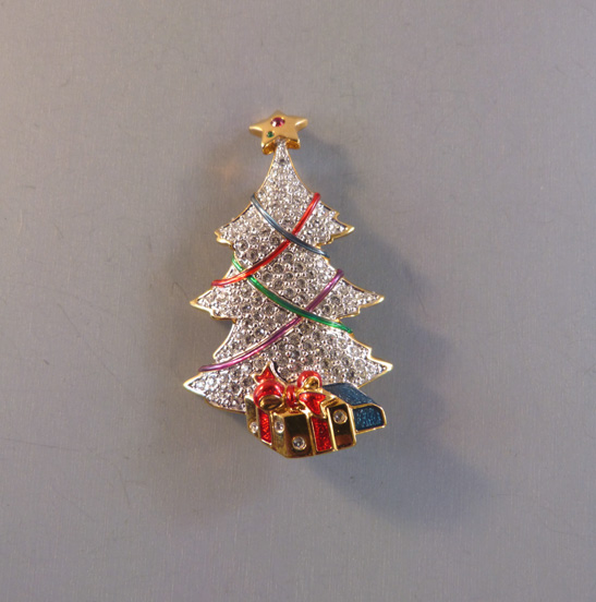 SWAROVSKI Christmas tree brooch clear rhinestones, green enamel garland, gifts