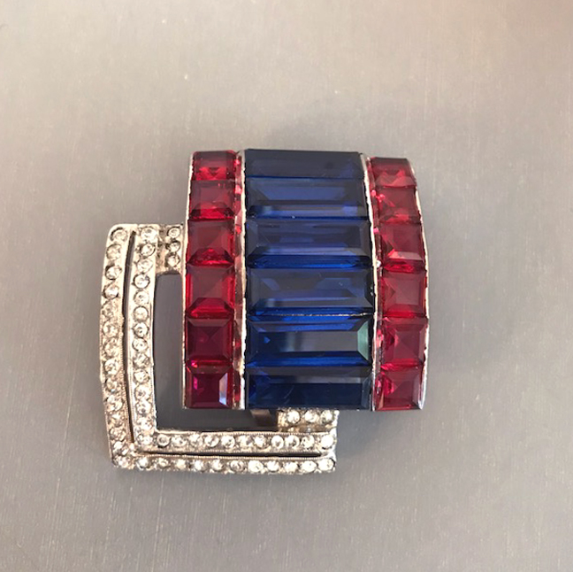 DEROSA patriotic red, clear and blue rhinestones dress clip