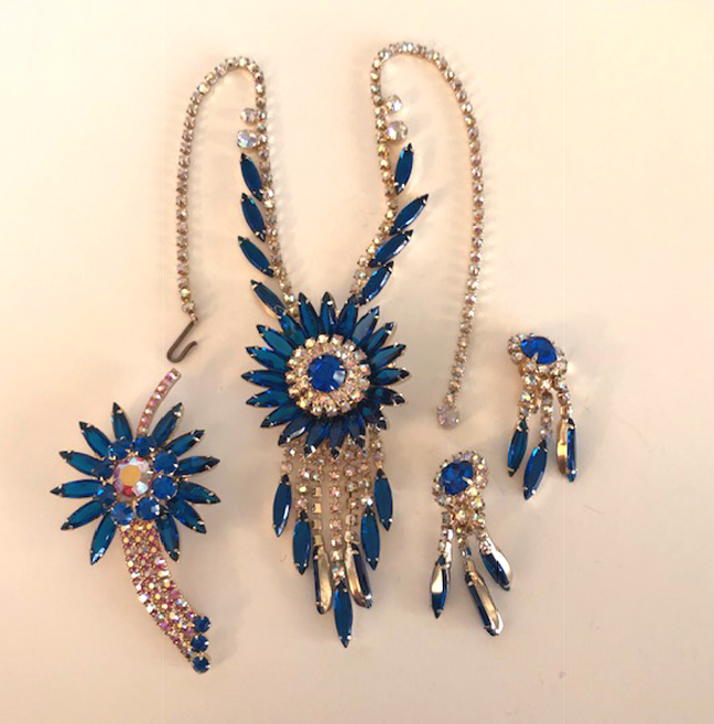 JULIANA Delizza &Elster peacock blue marquis rhinestones necklace, brooch, earrings set