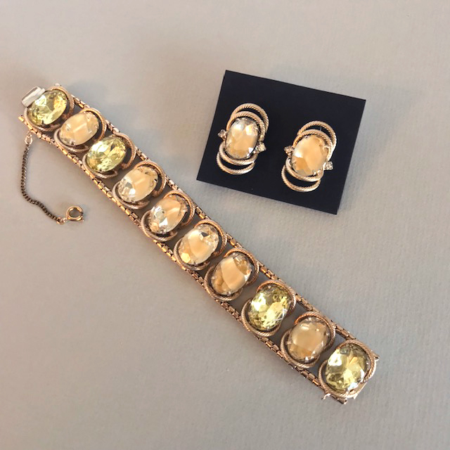 HOBE bracelet and earrings with gorgeous pastel yellow oval faceted rhinestones