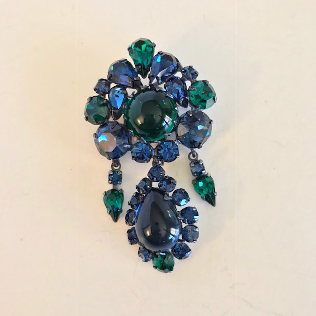REGENCY deep blue and green rhinestone brooch cabochons and rhinestones