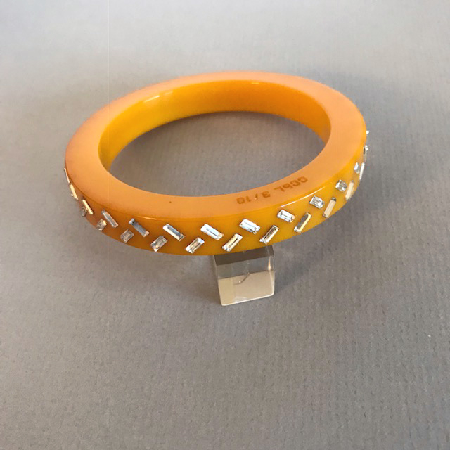 CATALIN CREATIONS by LAINS bakelite yellow bangle with rhinestones, 3/10
