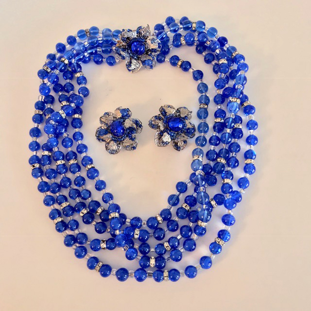 BLUE transparent blue glass beads, a glorious 5-strand necklace and clip back earrings