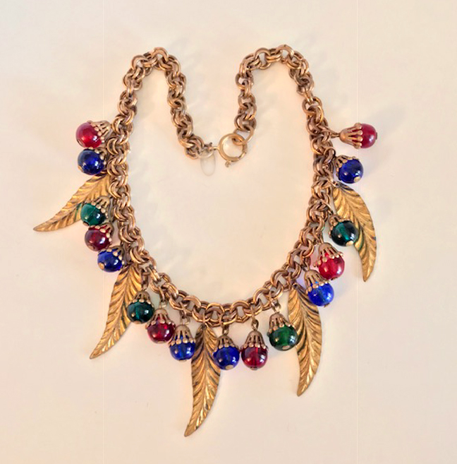 COLORFUL red, green & blue glass beads necklace, multi-pronged settings