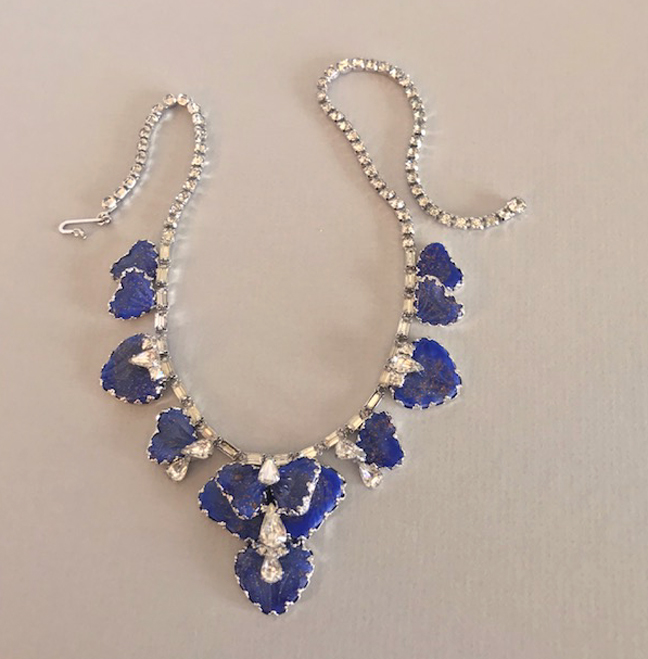 HOBE blue glass petals necklace with clear rhinestone accents