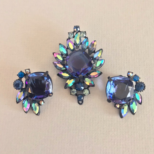 CLAUDETTE deep blue rhinestone brooch and earrings